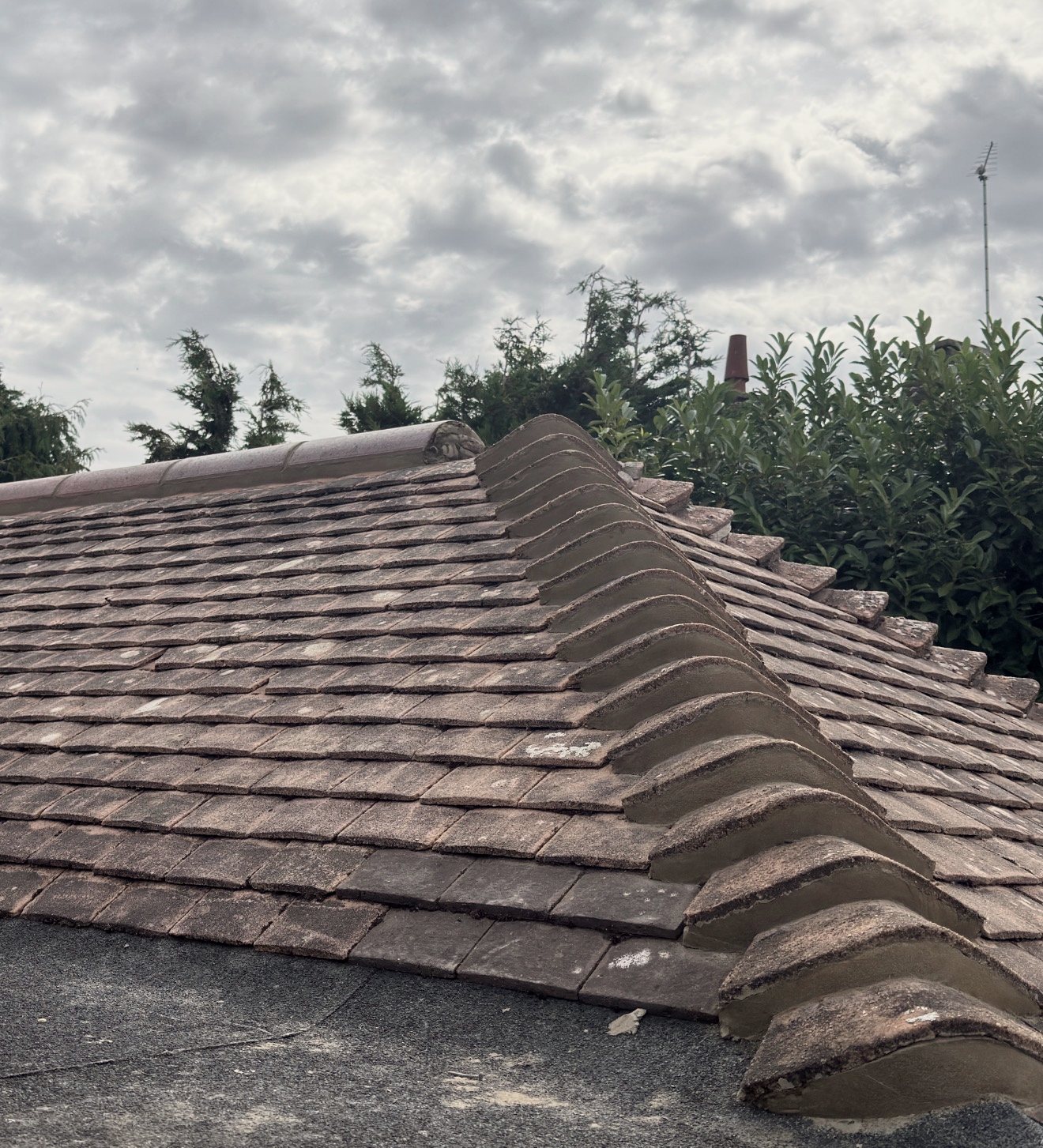 Bonnet hip tiles bedded in mortar down the hip of a clay plain-tiled roof, with the ridge tiles behind